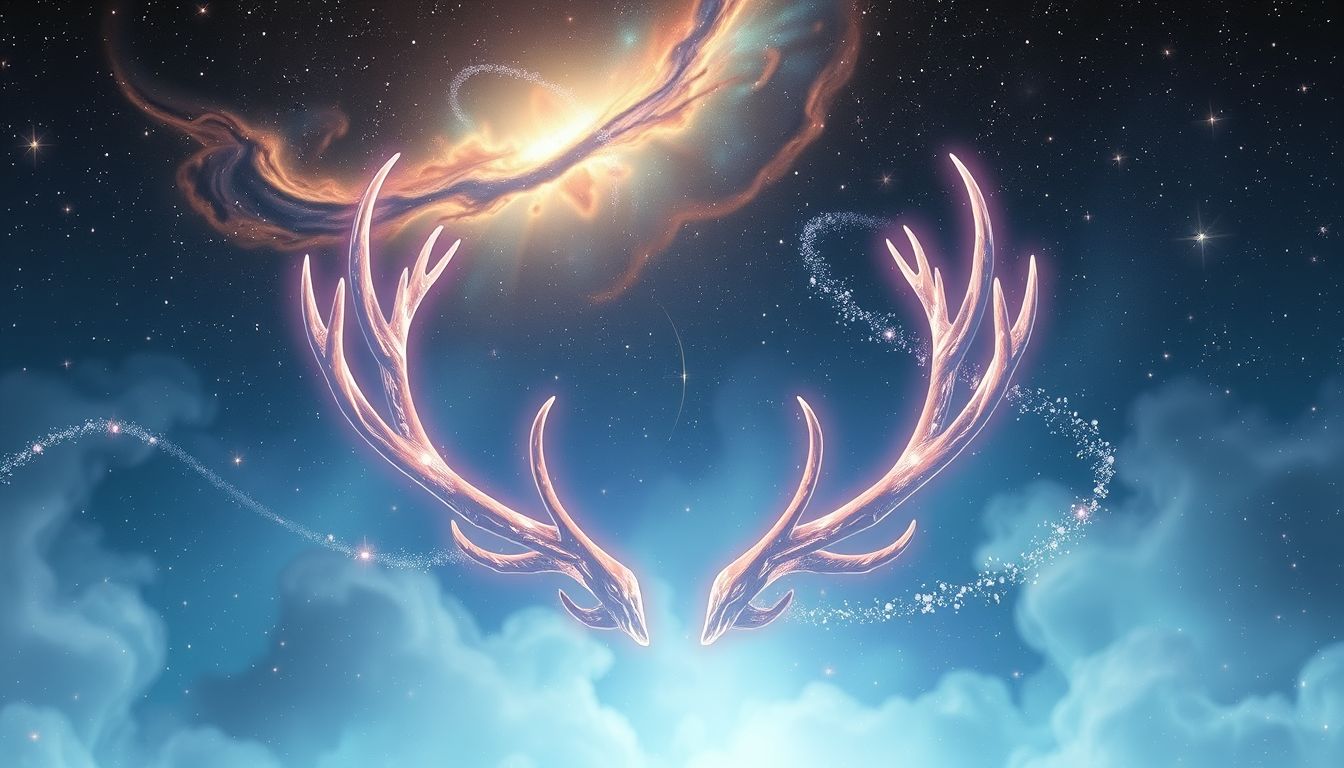 Ein Geweih im Himmel symbolisiert spirituelle Erleuchtung und Freiheit.