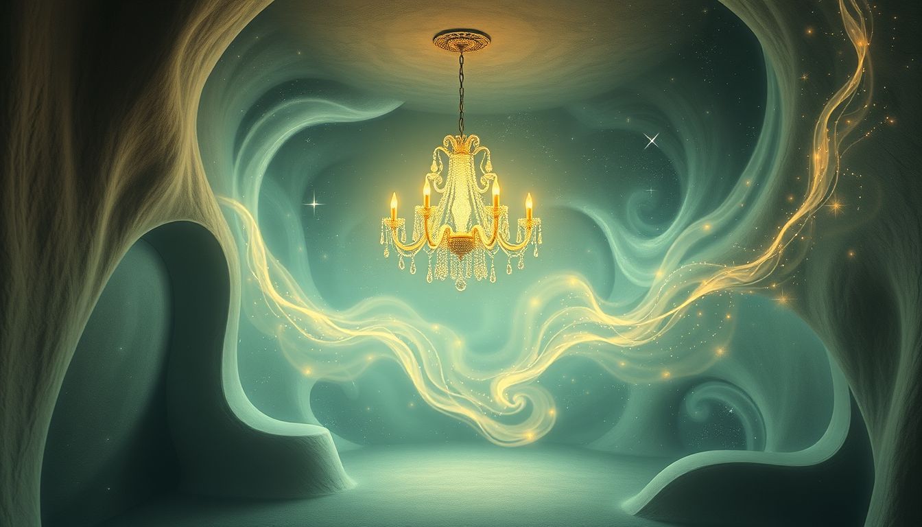 Ein Kronleuchter im Keller symbolisiert verborgene Sehnsüchte und Licht.