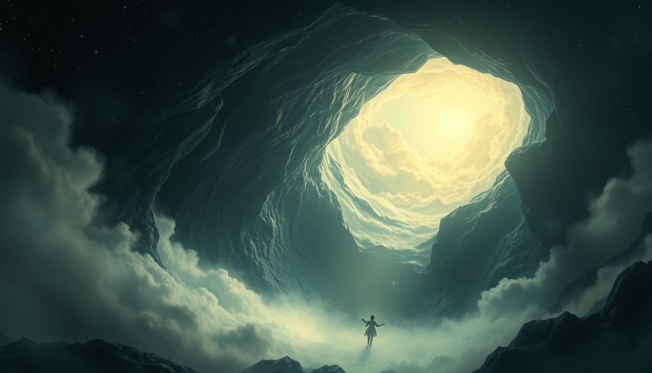 Das Absteigen in eine Höhle symbolisiert oft Selbsterkenntnis und Tiefgang.