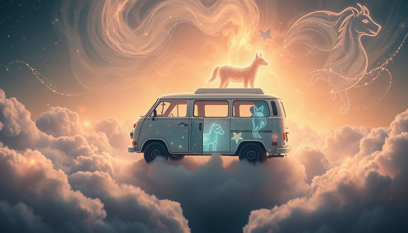 Ein Minivan voller Tiere symbolisiert Instinkt und liebevolle Begleitung.