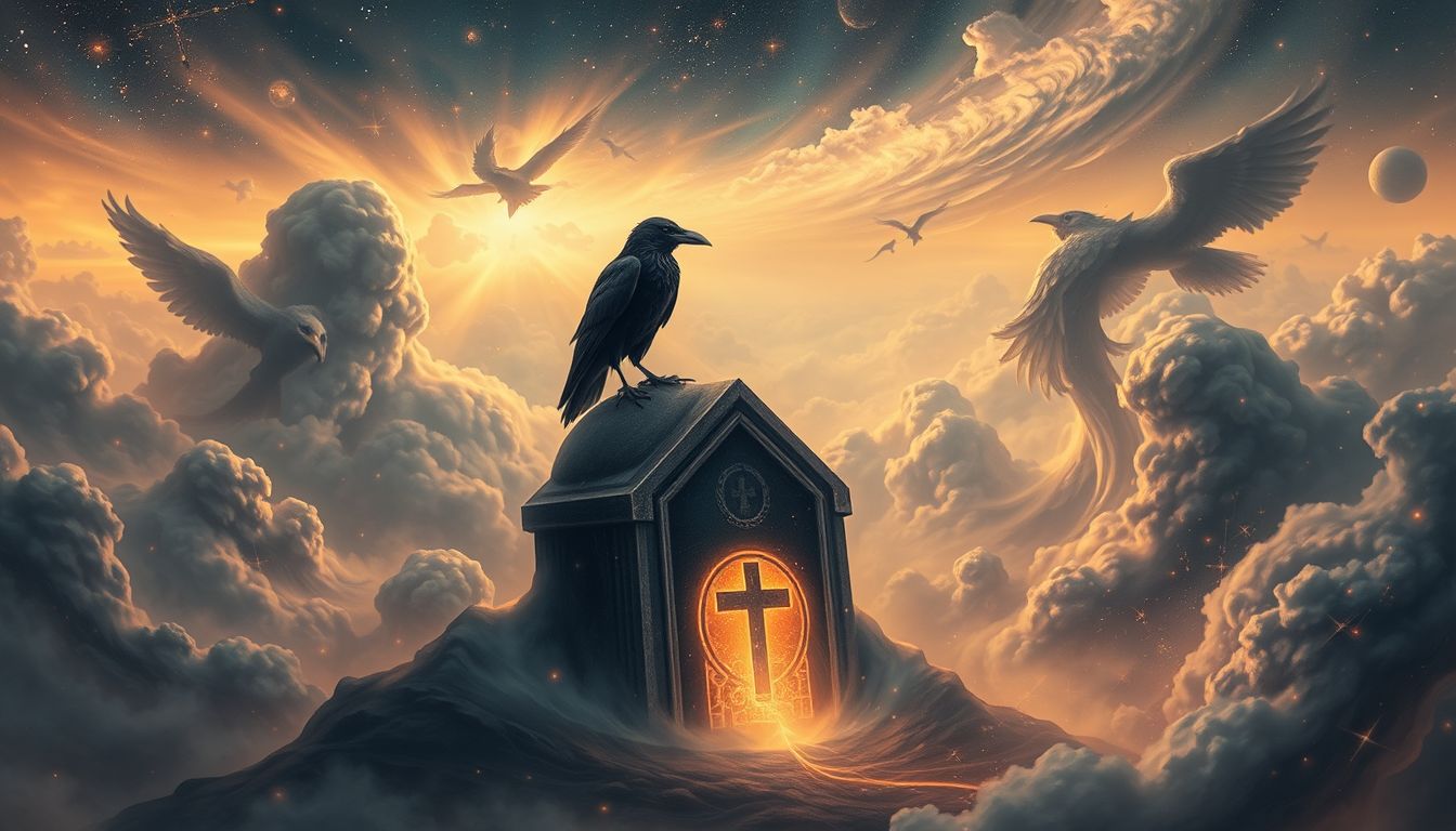 Ein Rabe auf dem Grab symbolisiert oft die Akzeptanz des Todes.