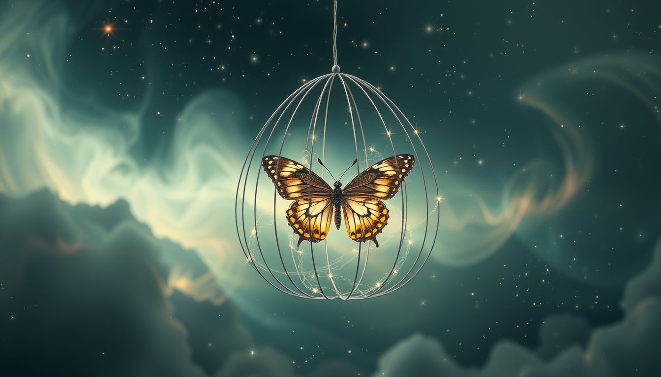 Ein eingesperrter Schwalbenschwanz symbolisiert verlorene Freiheit und Sehnsucht.