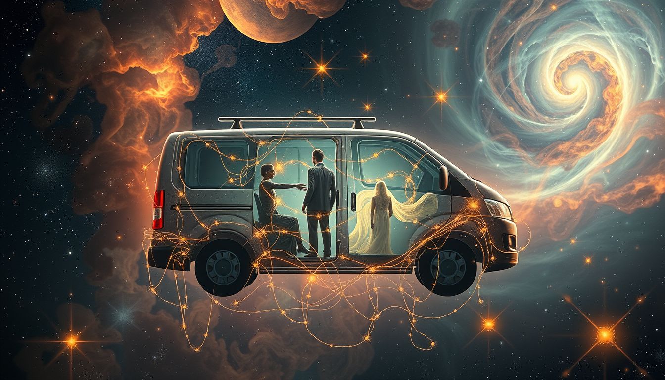 Ein voller Minivan symbolisiert überlastete Verpflichtungen und emotionale Bindungen.