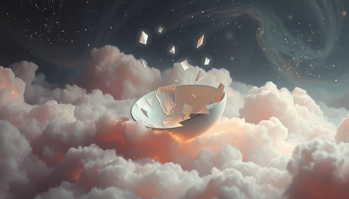 Eine zerbrochene Untertasse symbolisiert Verlust und zerbrochene Beziehungen.