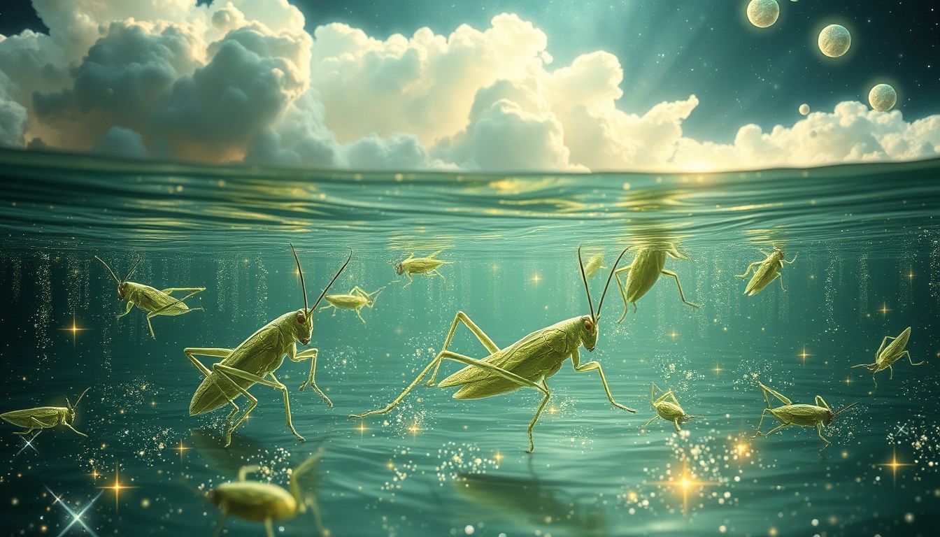 Grashüpfer im Wasser symbolisieren emotionale Herausforderungen und Anpassungsfähigkeit.
