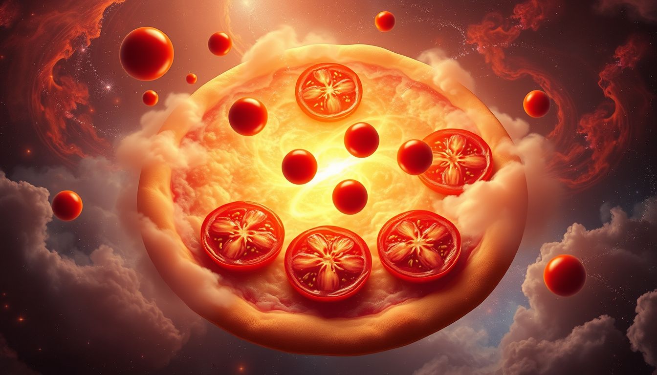 Tomaten auf Pizza symbolisieren Genuss und unerwartete Lebensfreude.