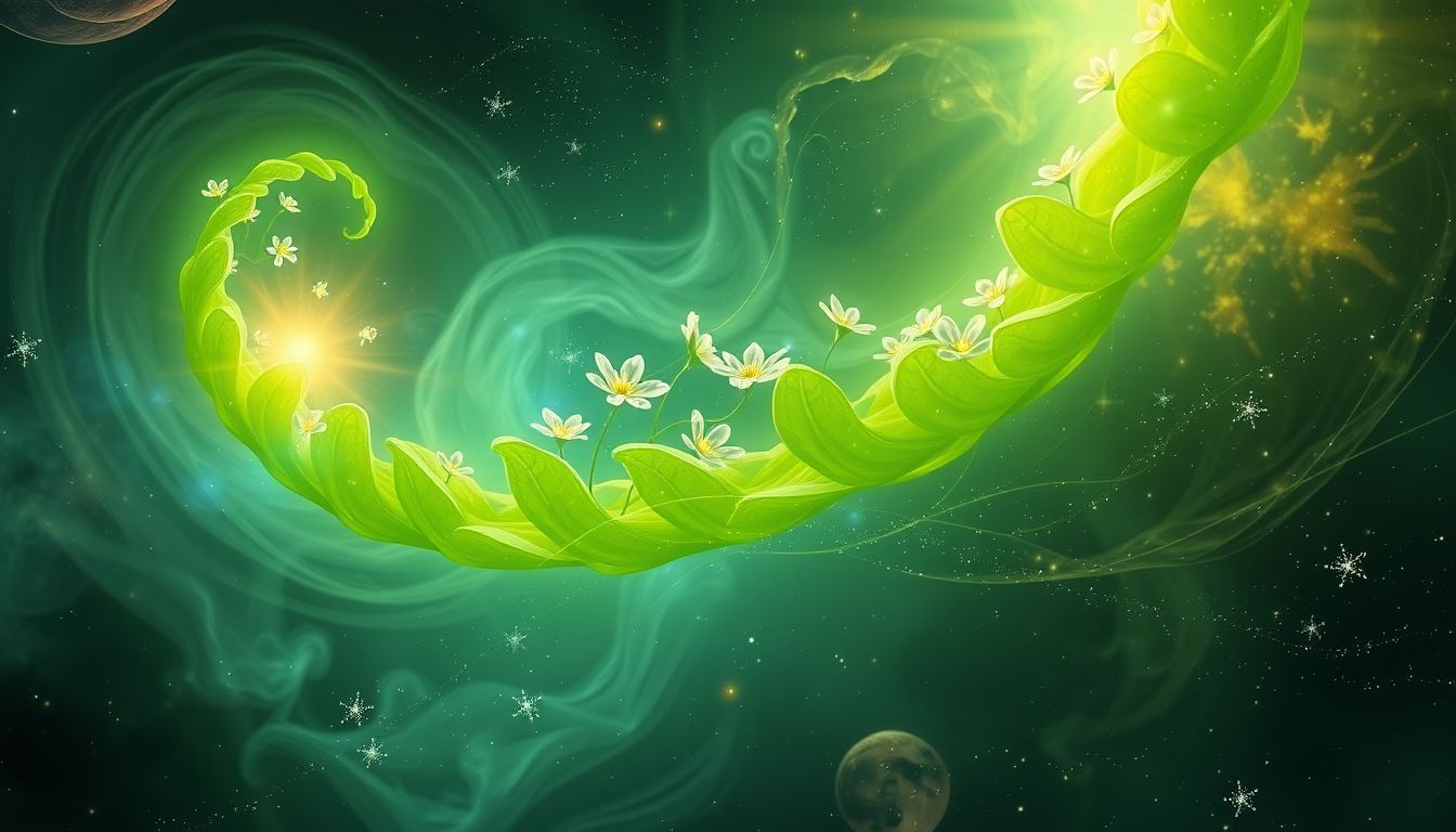 Ein grüner, blühender Wedel symbolisiert Hoffnung und neues Leben.