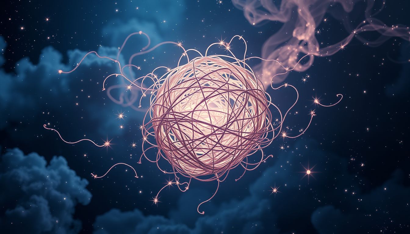 Ein verheddertes Knäuel symbolisiert komplexe Lebensprobleme und Unsicherheiten.