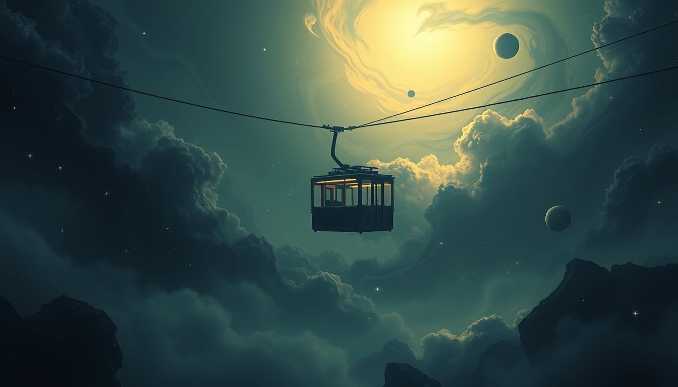 Die Drahtseilbahn durch dunkle Landschaft symbolisiert innere Ängste.