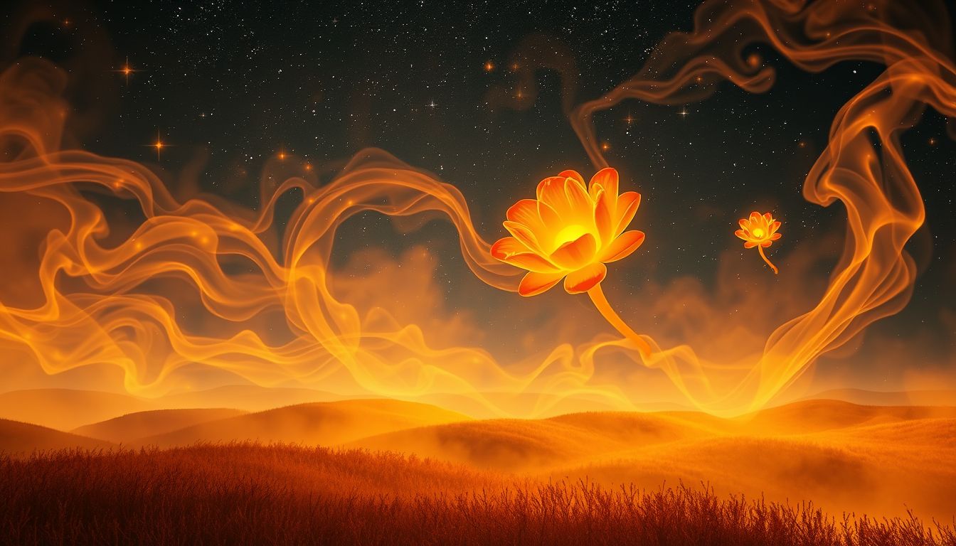 Ein brennendes Heidefeld symbolisiert innere Konflikte und Transformation.