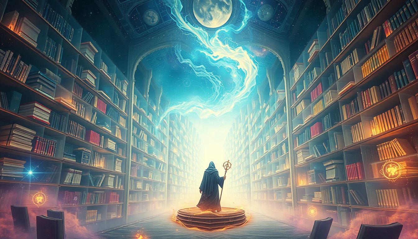 Ein Magier in alter Bibliothek symbolisiert verborgenes Wissen und Macht.