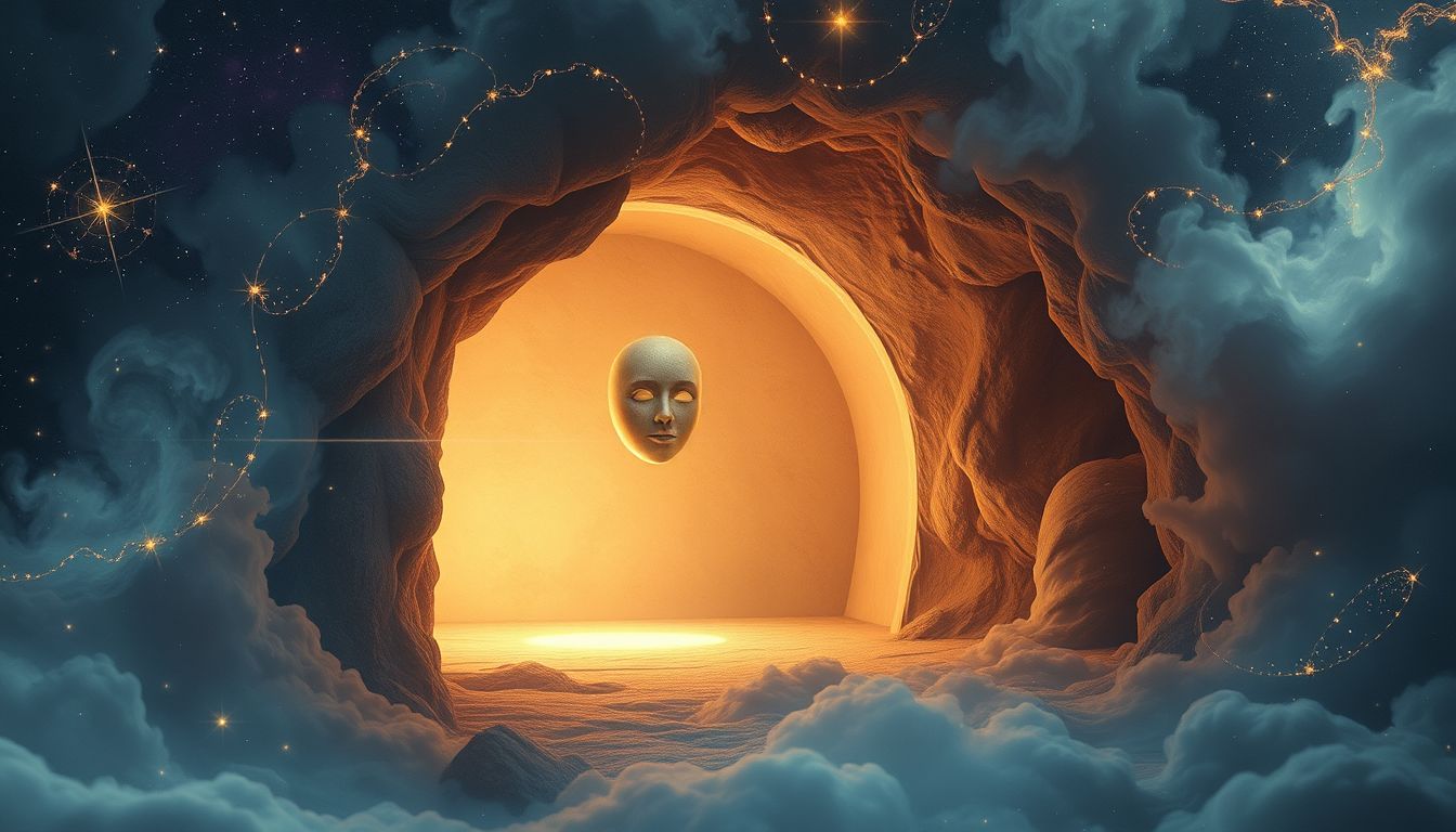 Eine Maske in der Nische symbolisiert verborgenes wahres Ich.