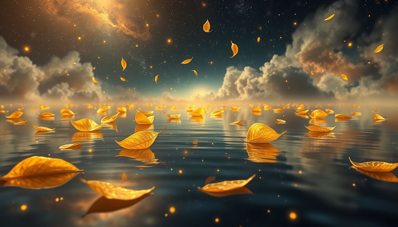 Goldene Blätter auf Wasser symbolisieren Glück und emotionale Klarheit.