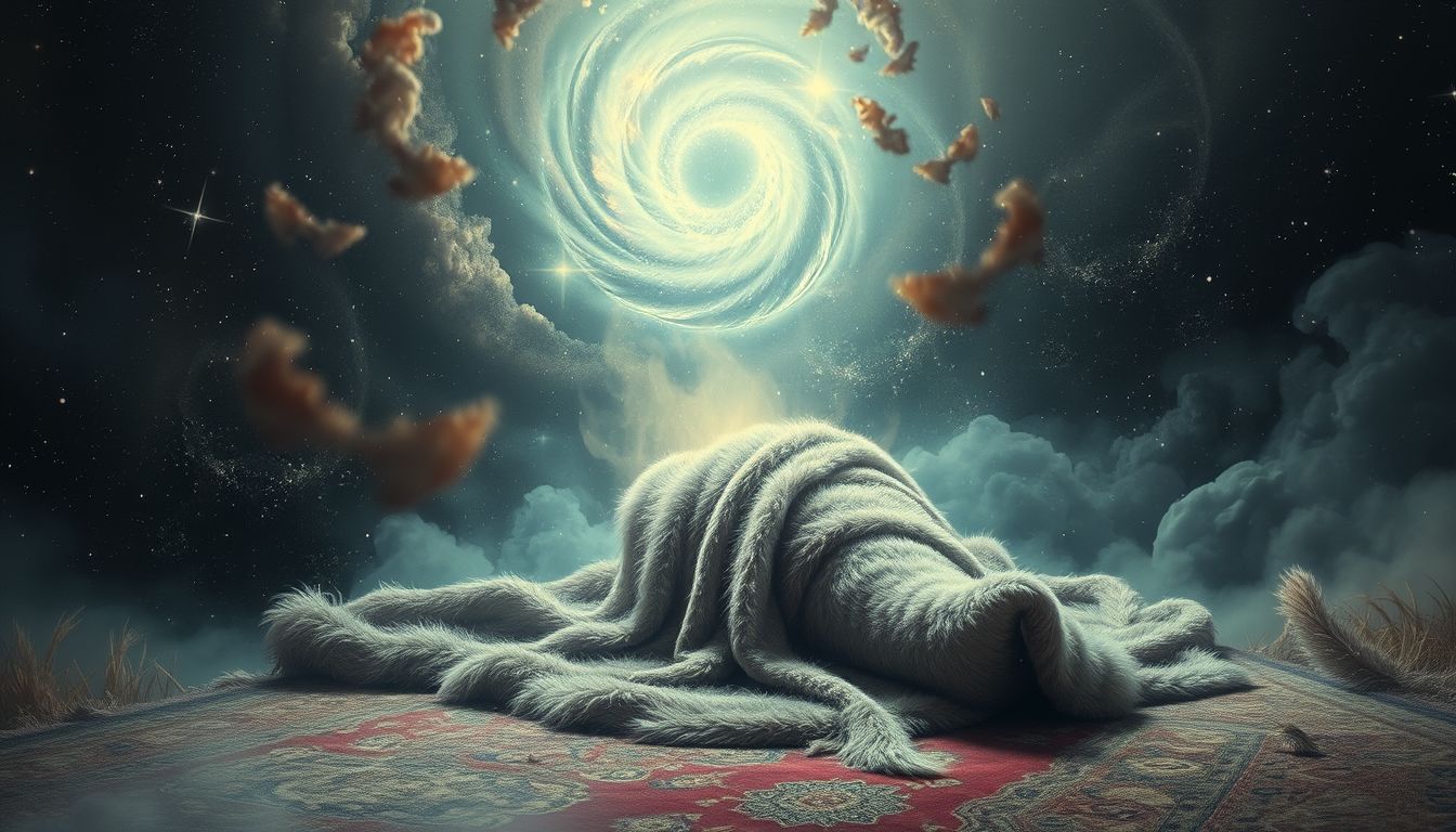 Ein abgenutztes Persianerfell symbolisiert verlorenen Reichtum und Vergänglichkeit.