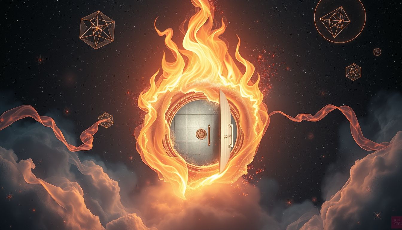 Ein brennender Sparkassentraum symbolisiert finanzielle Krisen und Wandel.