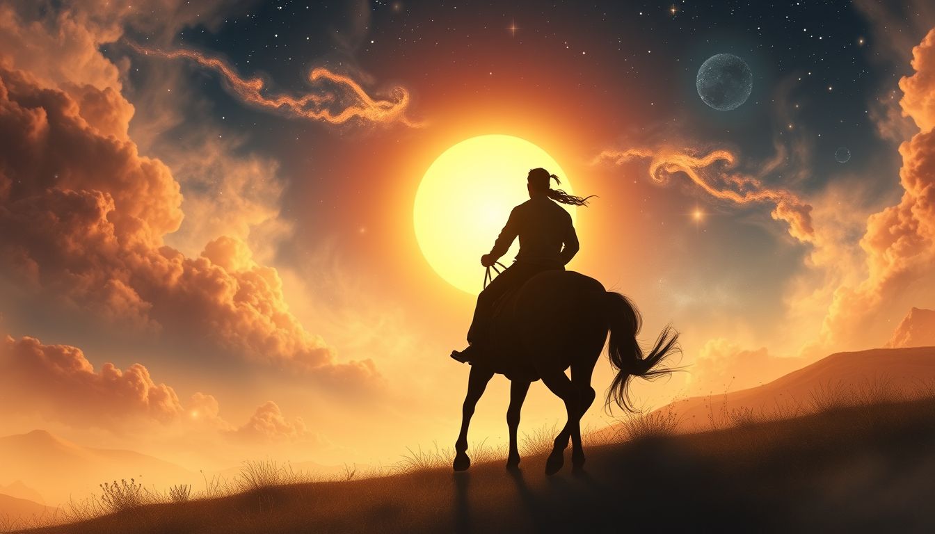 Ein Reiter im Sonnenuntergang symbolisiert Freiheit und Neuanfang.