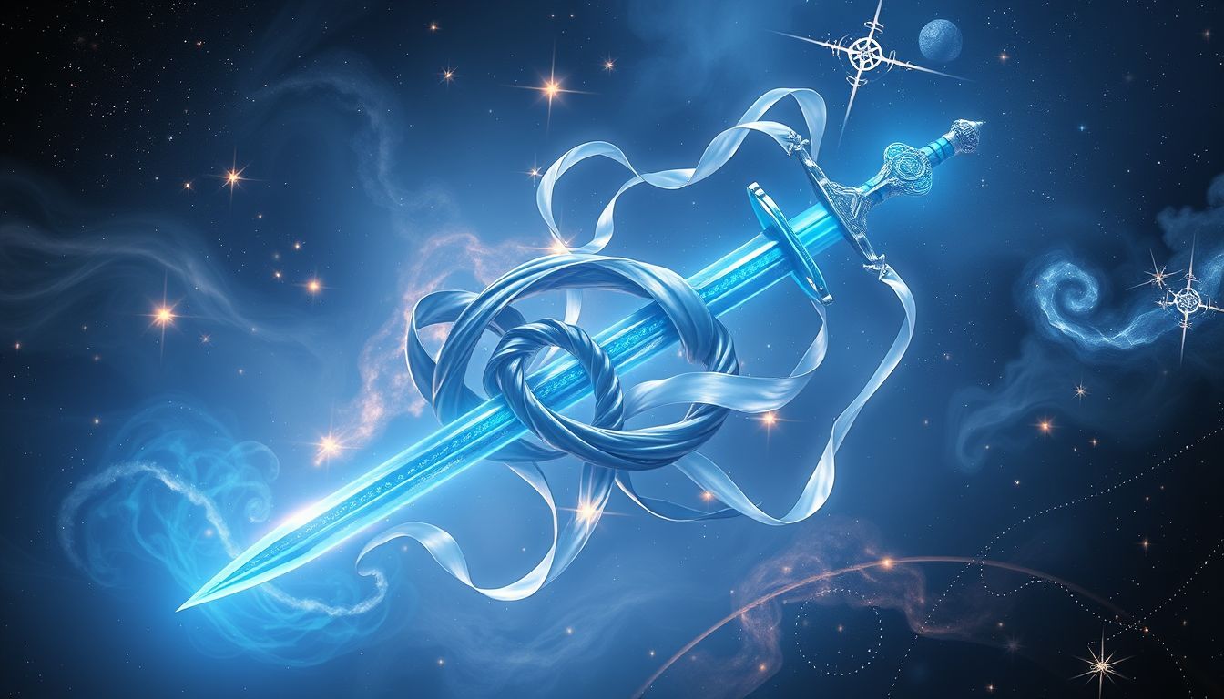 Ein blauer Schwertknoten symbolisiert Ruhe und geistige Klarheit im Traum.