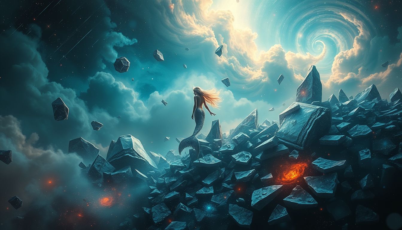 Eine Sirene symbolisiert Hoffnung in einer zerstörten Traumwelt.