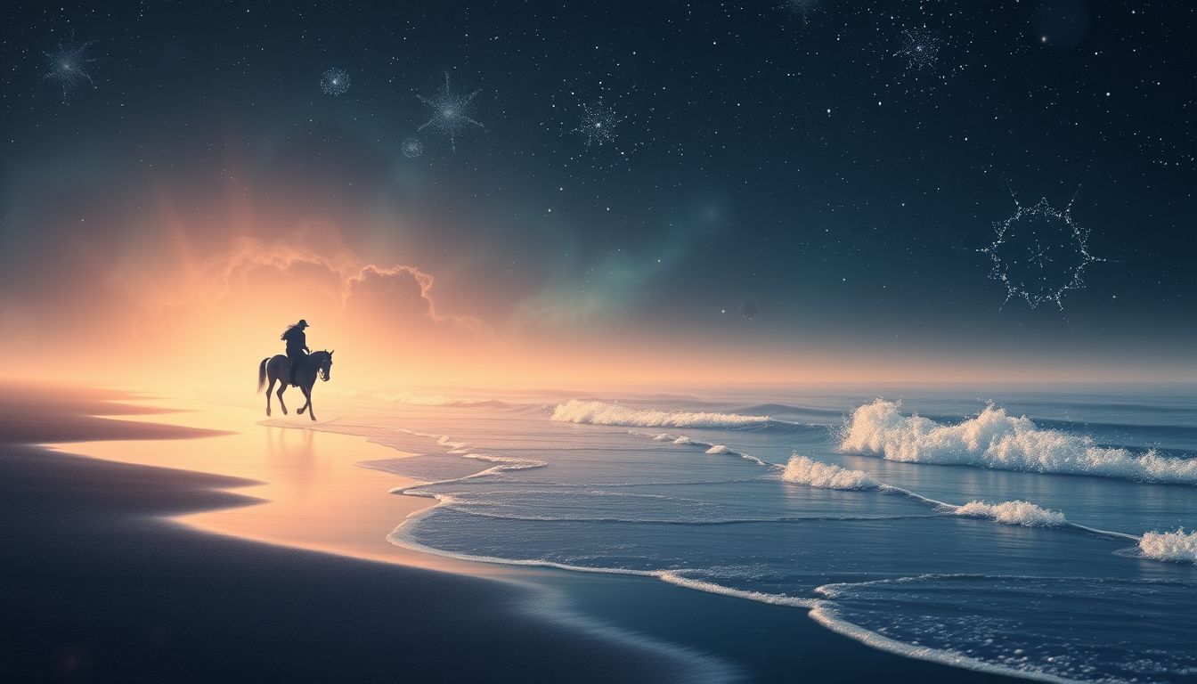 Ein Reiter am Meer symbolisiert Freiheit und innere Balance im Traum.