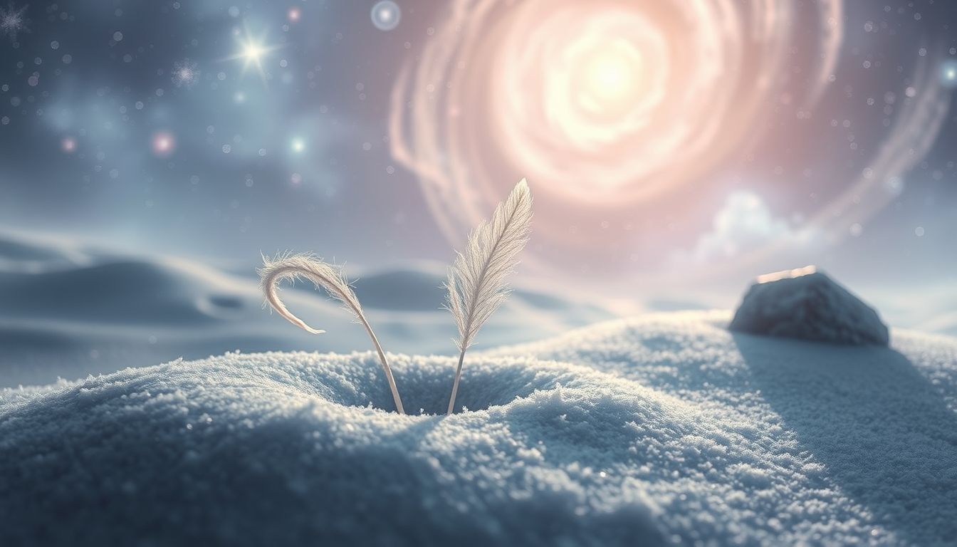 Ein Wedel im Schnee symbolisiert Hoffnung trotz kalter Zeiten.