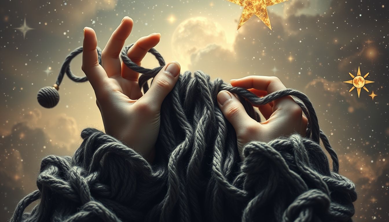 Das Stricken mit dunklem Garn symbolisiert innere Konflikte und Traurigkeit.