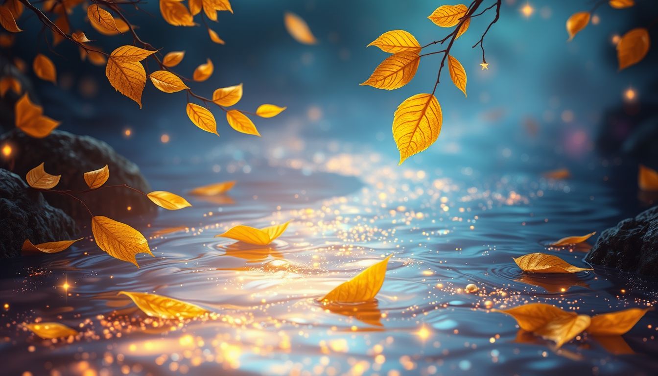 Goldene Blätter im Bach symbolisieren fließenden Wohlstand und Veränderung.