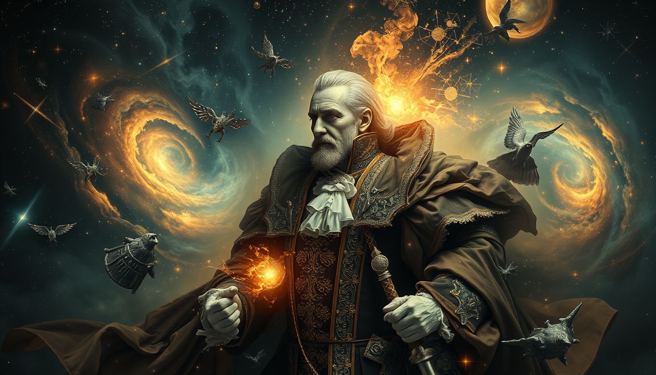 Ein Amtmann in historischer Kleidung symbolisiert Autorität und Tradition.