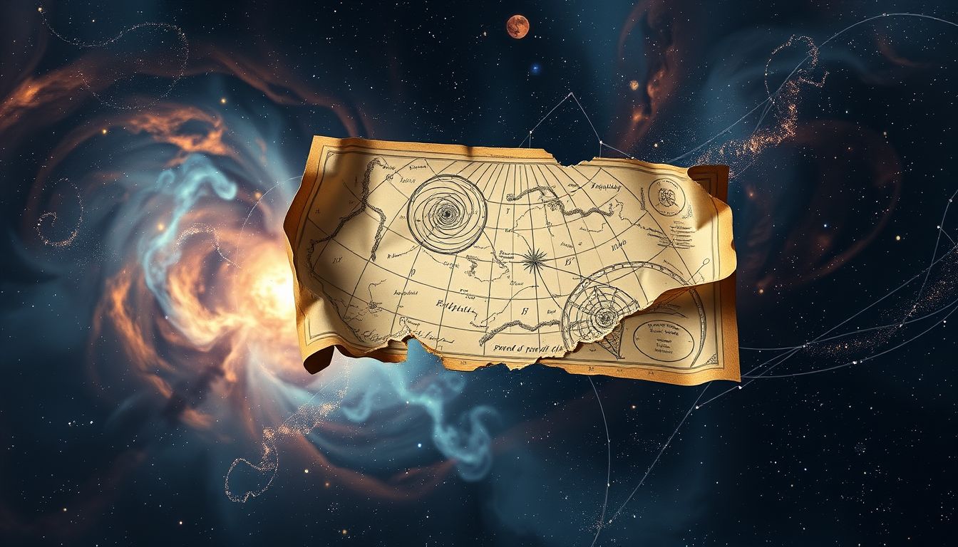 Eine zerrissene Himmelskarte symbolisiert innere Konflikte und Unsicherheiten.