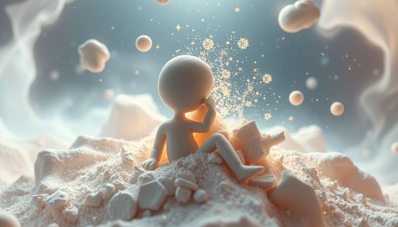 Eine zerstörte Modelliermasse-Figur symbolisiert innere Konflikte und Transformation.