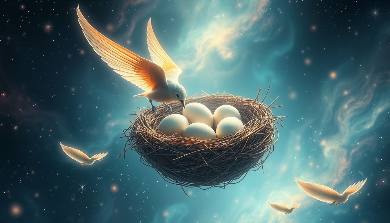 Ein bewohntes Schwalbennest mit Eiern symbolisiert familiären Neuanfang.