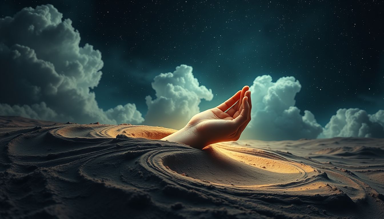 Ein mit Erde bedecktes Handgelenk symbolisiert verborgene Ängste.