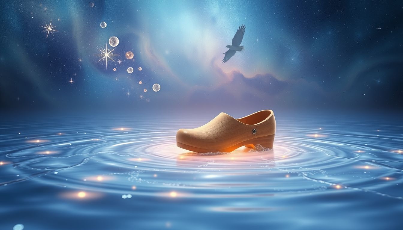 Holzschuhe im Wasser symbolisieren emotionale Reinigung und Neubeginn.