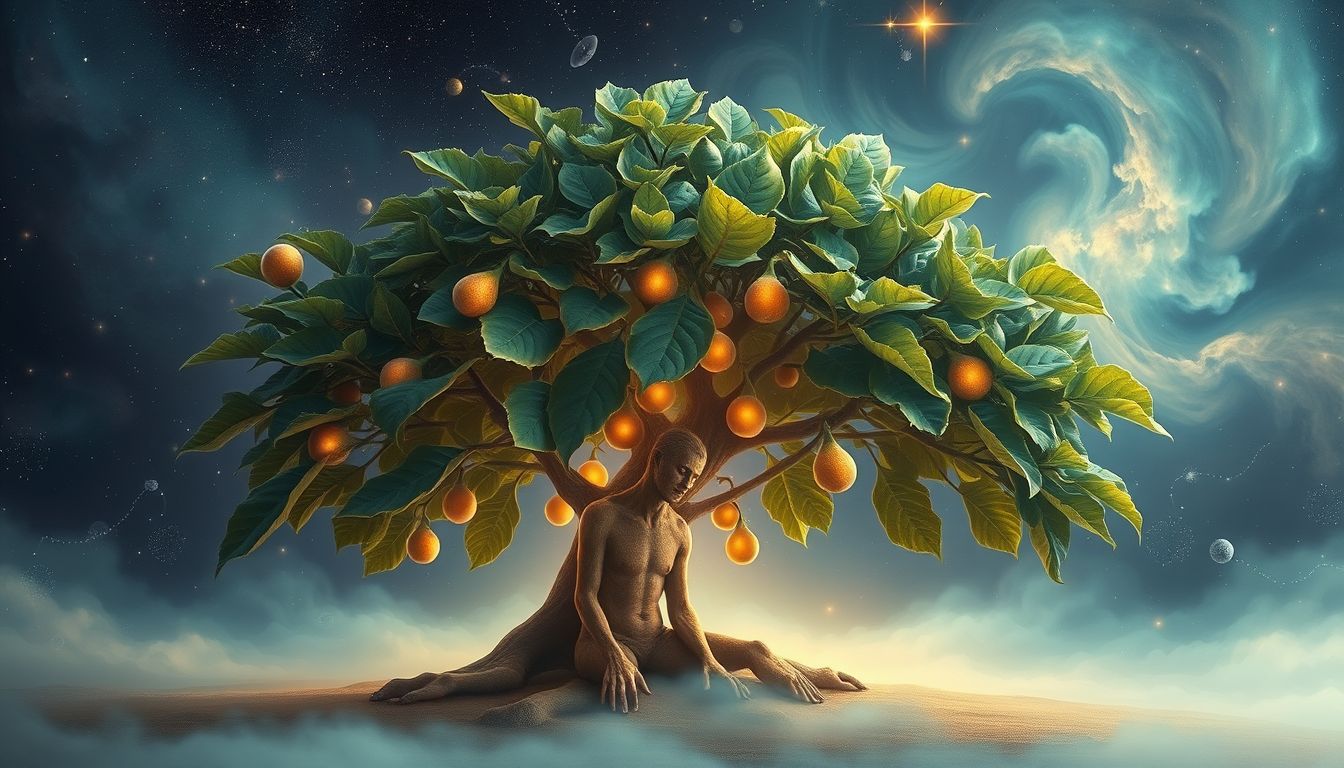 Unter einem Feigenbaum sitzen symbolisiert Ruhe und innere Zufriedenheit.