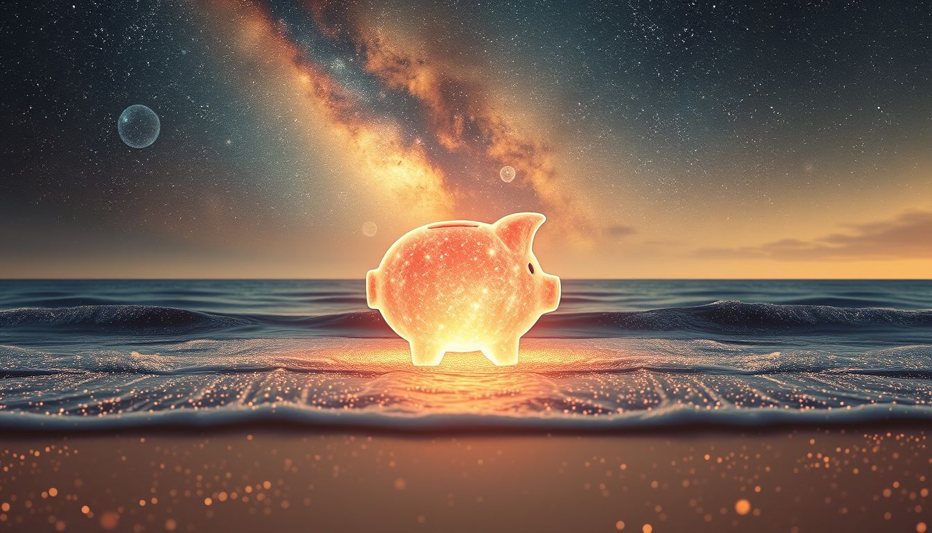 Am Strand träumen von Spardose symbolisiert finanzielle Freiheit und Erholung.