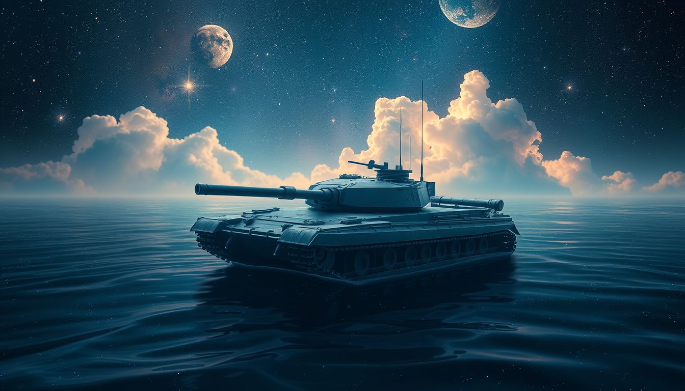 Ein Panzer im Wasser symbolisiert unkontrollierte Kraft und Überforderung.