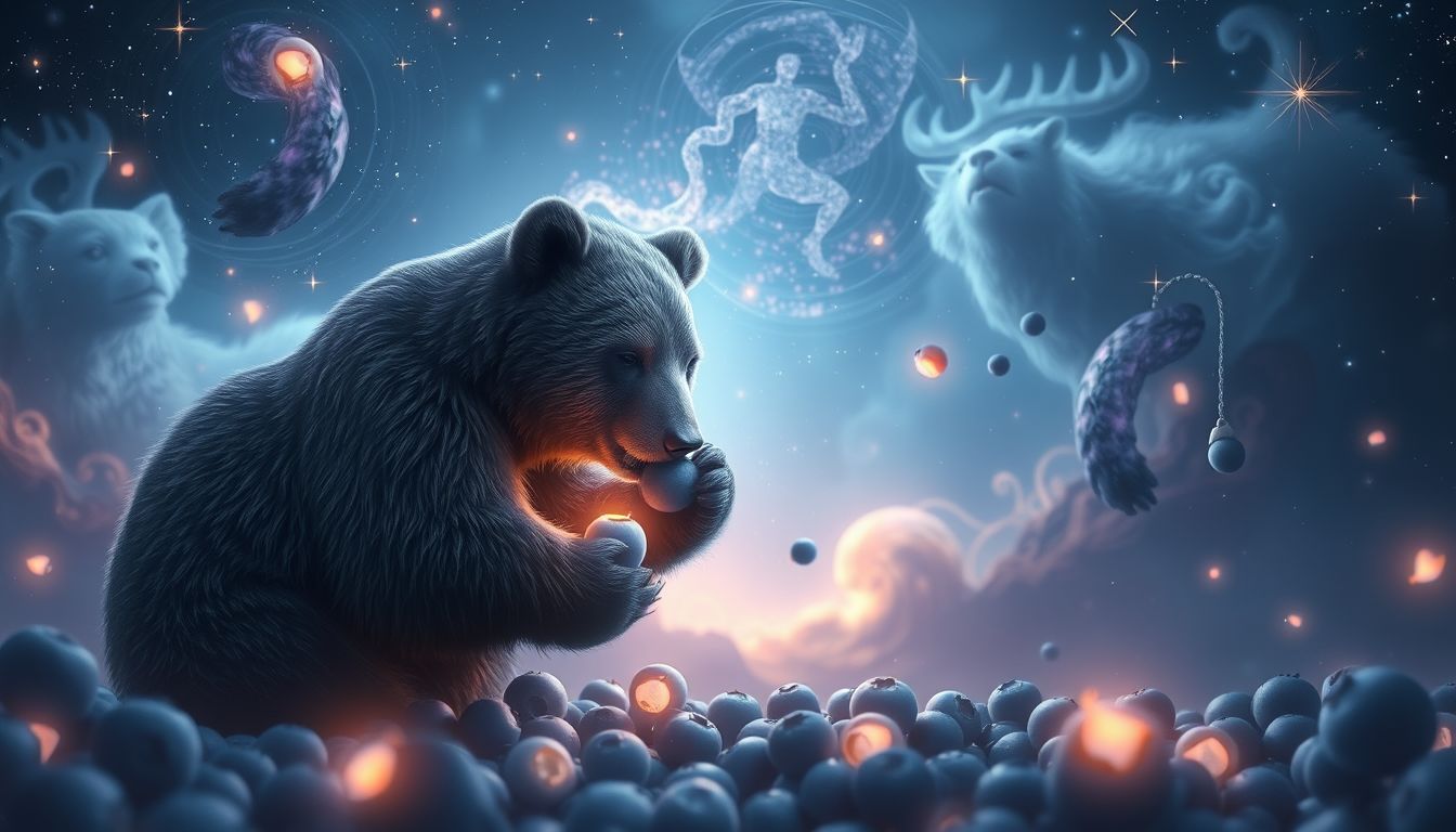 Ein Bär, der Blaubeeren isst, symbolisiert innere Stärke und Sicherheit.