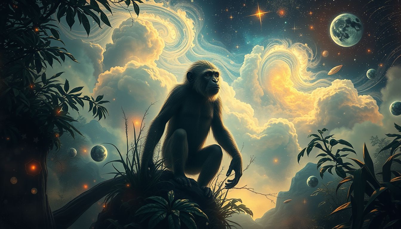 Ein Affe im Dschungel symbolisiert ursprünglichen Instinkt und Freiheit.