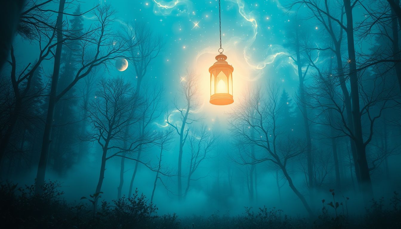 Eine Handlaterne im Wald symbolisiert Orientierung in unsicheren Zeiten.
