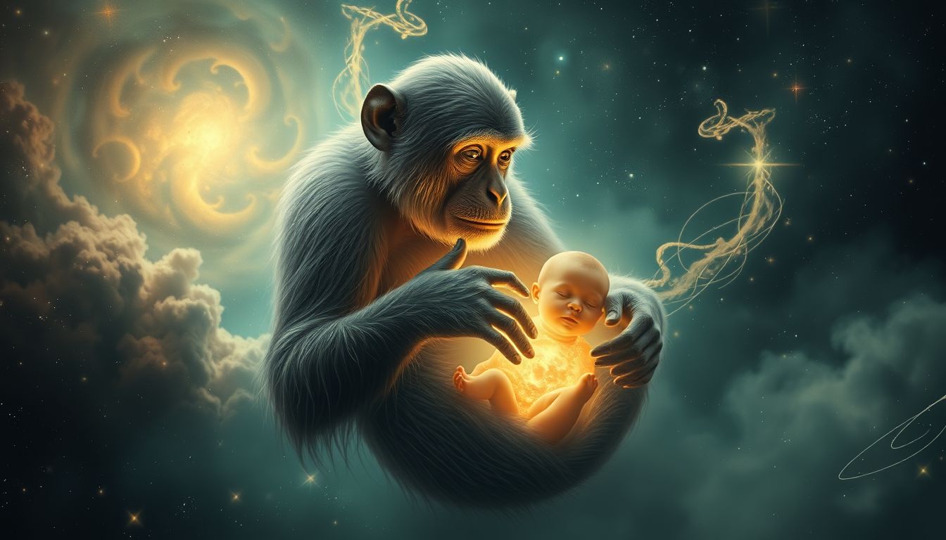Ein Affe mit Baby symbolisiert Schutz und liebevolle Fürsorge im Traum.