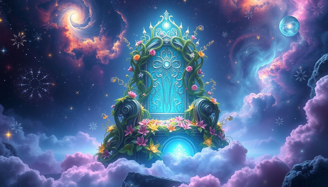 Ein Thron aus Pflanzen symbolisiert natürliches Wachstum und lebendige Erneuerung.