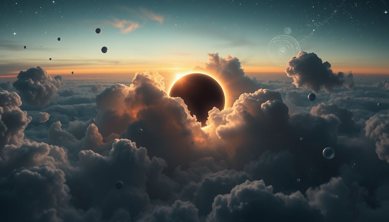 Eine hybride Sonnenfinsternis symbolisiert Wandel zwischen Licht und Dunkelheit.