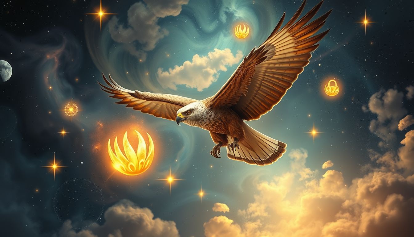 Ein Bussard mit Beute symbolisiert Ernte, Belohnung und Sicherheit.