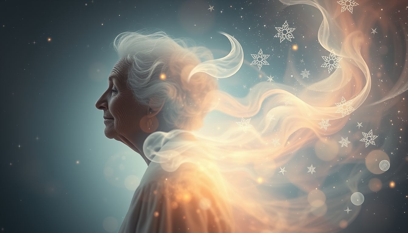 Eine alte sterbende Dame symbolisiert Lebensende und innere Wandlung.