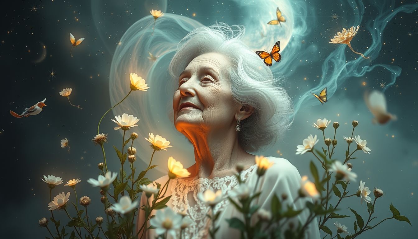 Eine alte Dame im Garten symbolisiert Weisheit und Lebenszyklus.