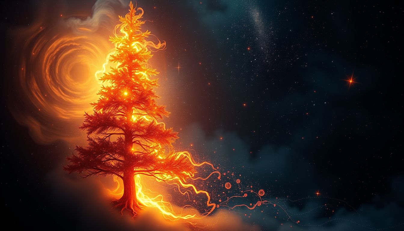 Eine brennende Tanne symbolisiert Reinigung und spirituelle Transformation im Traum.