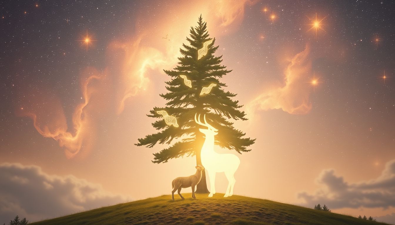 Eine Tanne mit Tieren symbolisiert lebendige Harmonie und Naturverbundenheit.