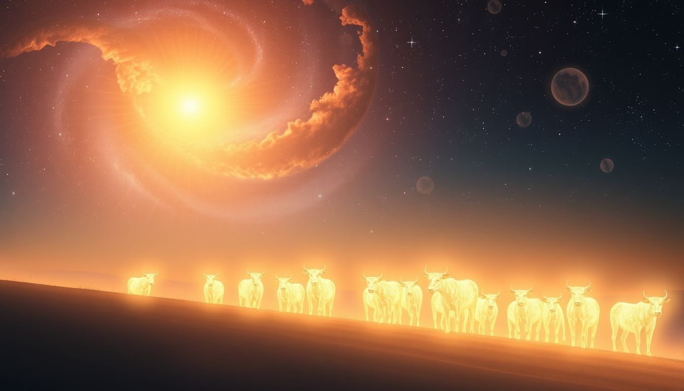 Eine Viehherde im Sonnenaufgang symbolisiert Neubeginn und Hoffnung.