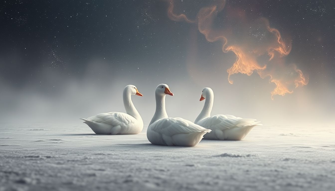 Schneegänse am Boden symbolisieren Erdung und praktische Lebensaspekte.