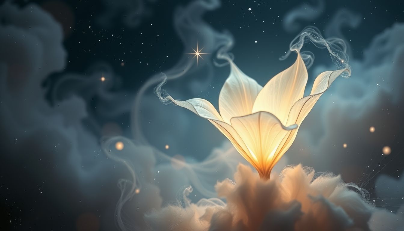Eine blühende Seidenpflanze symbolisiert Wachstum und innere Harmonie.