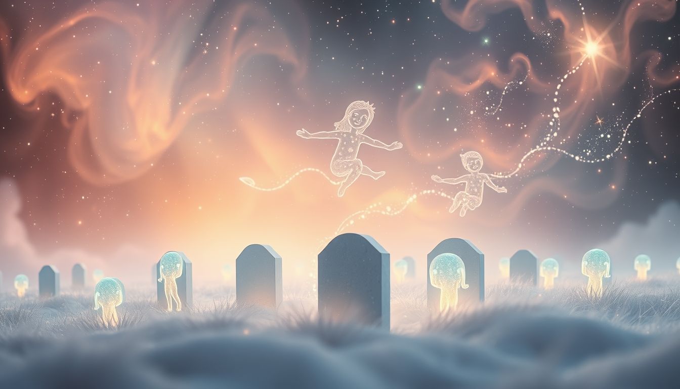 Lachen auf Friedhof symbolisiert unerwartete Freude trotz Verlust.